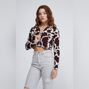 LA Hearts Brown White Cow Print Western Y2K Kelly Mini Double Zip Hoodie size S